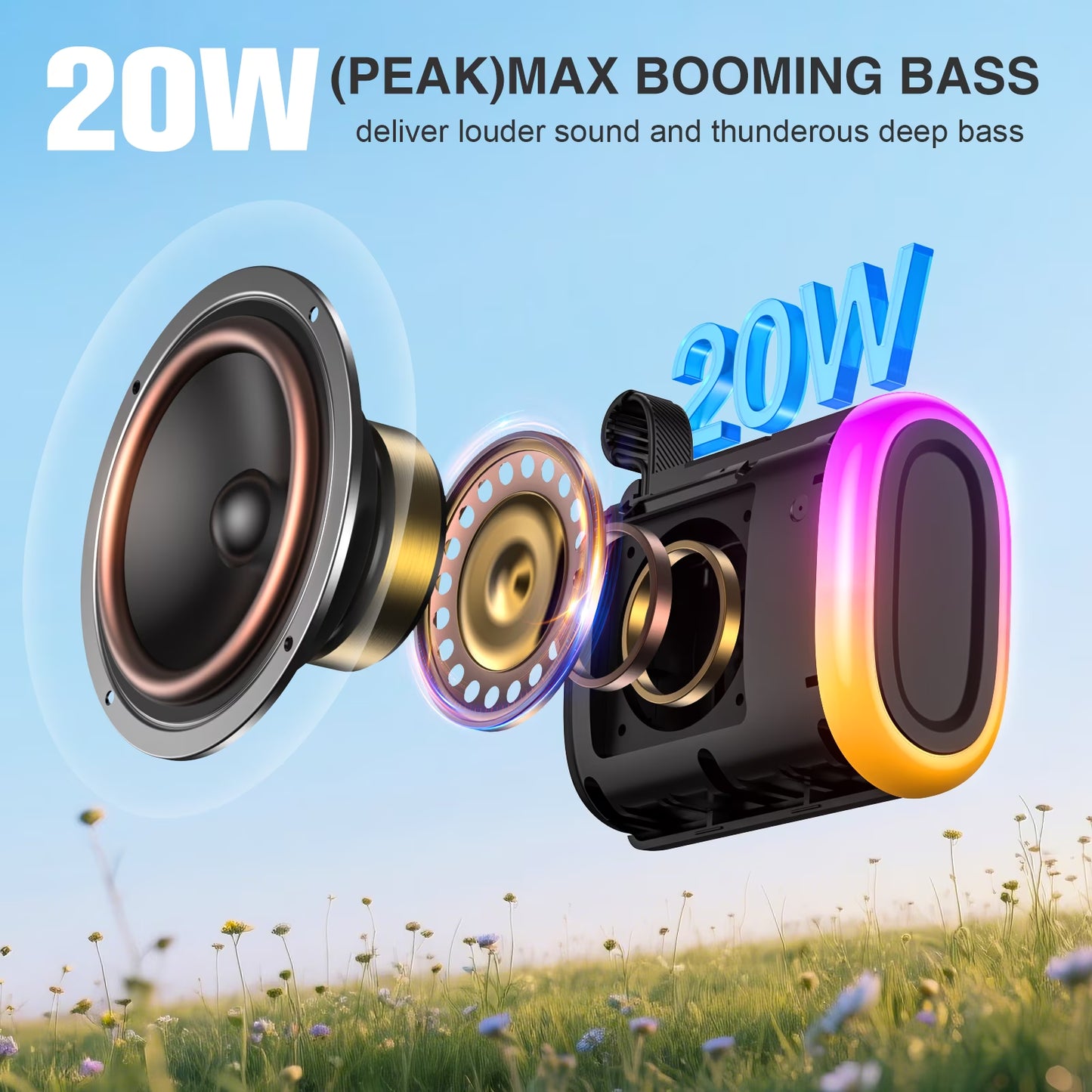 Portable Bluetooth Speaker, 20W IPX7 Waterproof, with Lighting, Red