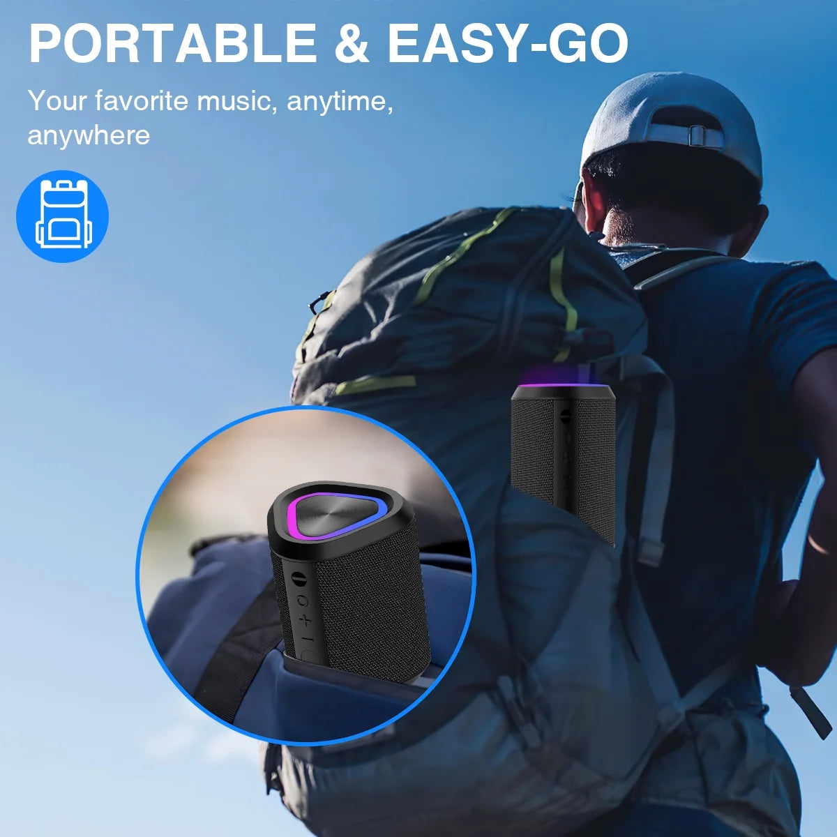 Portable Bluetooth Speaker,Ipx7 Waterproof Outdoor Speaker with 24Hr Playtime, LED Lights, Black