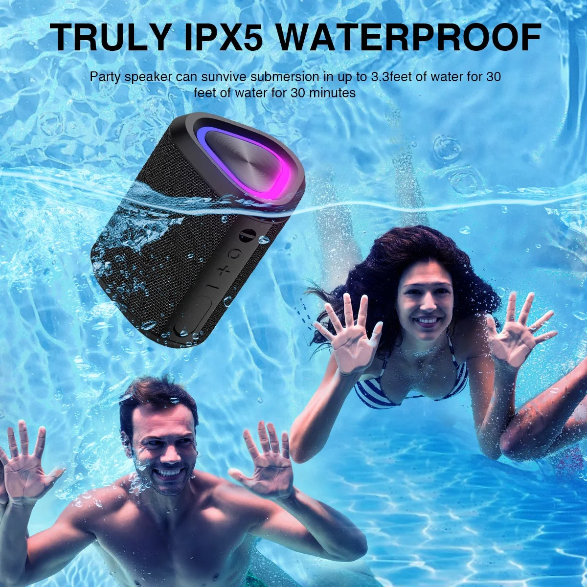 Portable Bluetooth Speaker,Ipx7 Waterproof Outdoor Speaker with 24Hr Playtime, LED Lights, Black